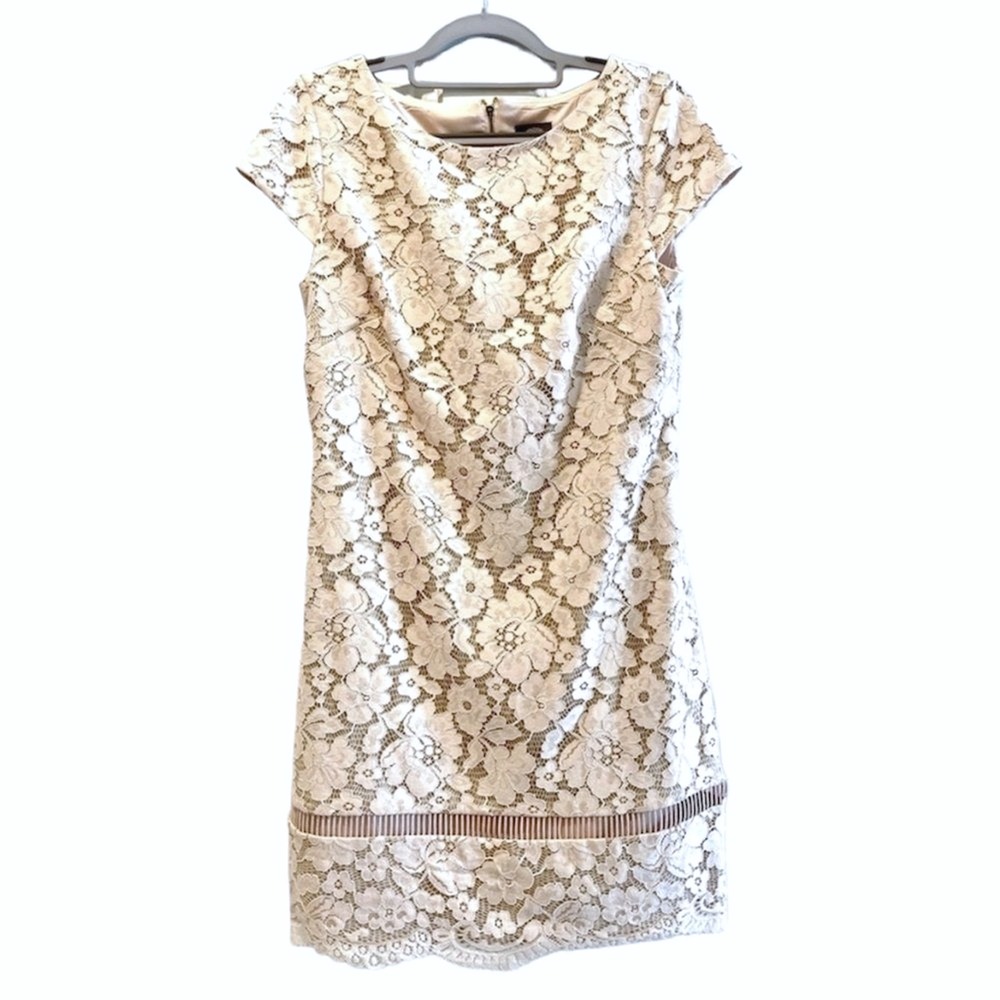 Vince Camuto Lace Sheath Dress Ivory Excellent Floral Cap Sleeve Women Size 8